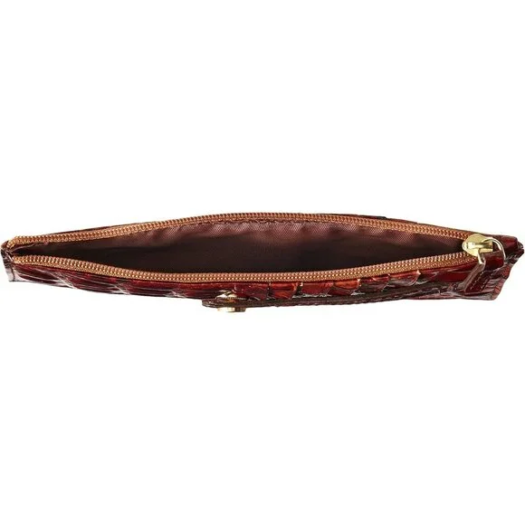 Womens Pecan Leather Slim Wallet with 10 Card Slots & Zip Closure